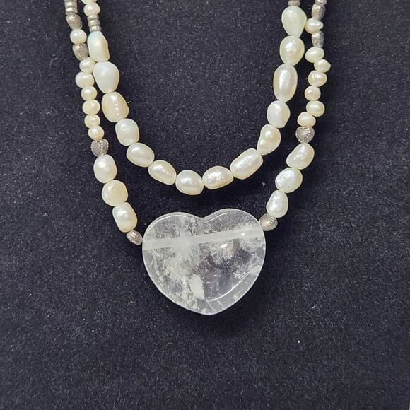 Vintage Pearl & Pyrite Bead Necklace | Heart Pendant Statement Jewelry - Picture 4 of 8